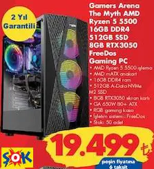 GAMERS ARENA THE MYTH AMD RYZEN 5 5500 16GB DDR4 512GB SSD 8GBRTX3050 FREEDOS GAMİNG PC OYUN BİLGİSAYARI